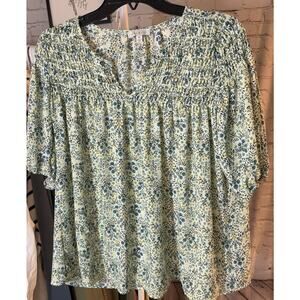 Alex & Lili Floral Smocked Blouse Green Women’s M